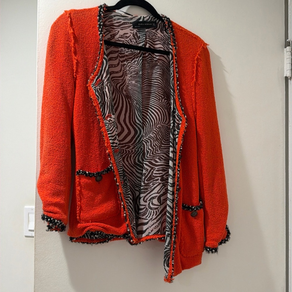 Elegant Red Tweed Zara Cardigan / Jacket with inner Zebra print - Size S